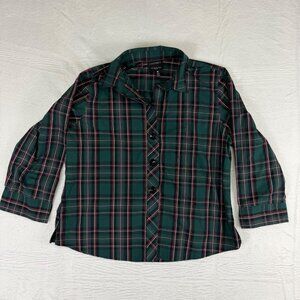 Foxcroft plaid shirt women's size 16 green decorative buttons 3/4 sleeves